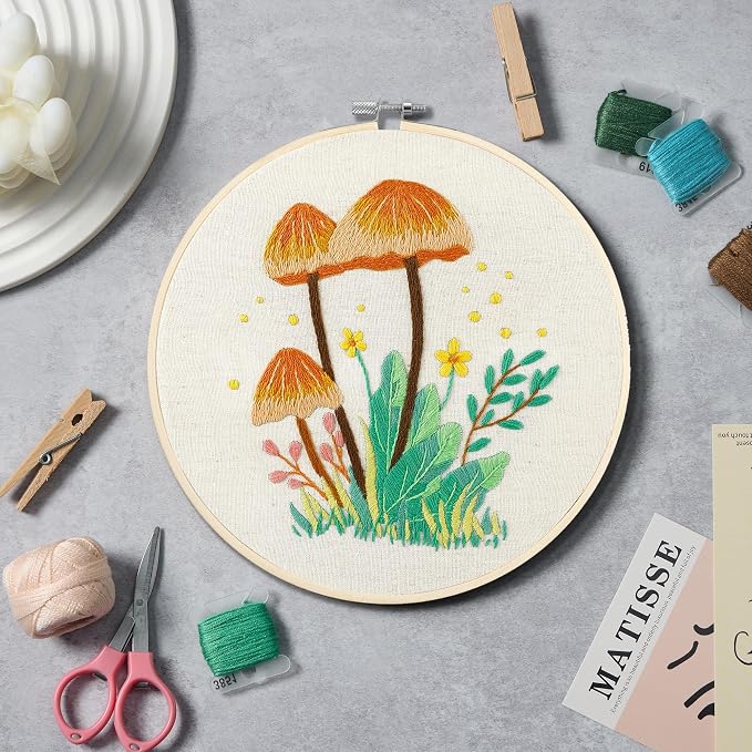 Bonroy 4 Sets Embroidery Kit for Beginners with Instructions,Cross Stitch Kits for Adults with Pattern,Needlepoint Kits for Adult Include Embroidery Cloth Hoops Needles Threads(Mushroom)