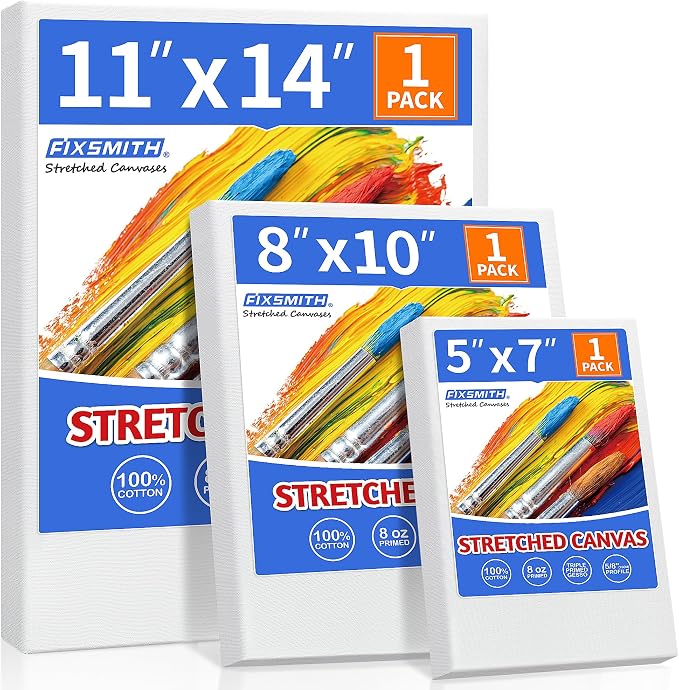 FIXSMITH Stretched Canvas for Painting, 5"x7", 8"x10", 11"x14", Pack of 3, Pre-Primed Canvases Wood Framed, Blank White Painting Canvas Boards for Acrylic, Oil and Gouache Painting
