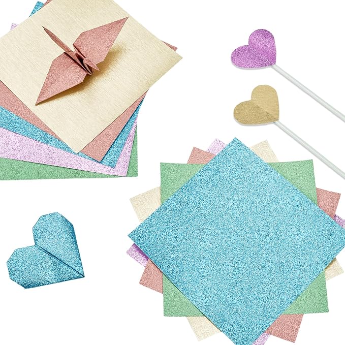 JoyCat Pastel Glitter Origami Paper, 50 Sheets, 5 Colors, 6x6 Inch | Five soft glitter colors add delicate shimmer to origami, party decor, gift accents, journaling and romantic paper crafts.