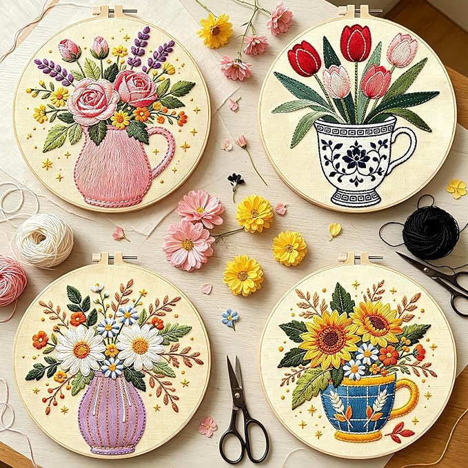 BEUNITONE 4 Set Embroidery Kits for Beginners, Flower Arrangement Design with Pre-Stamped Pattern Craft Kits Include Instruction and Hoops, 7.9x7.9 Needlepoint Kits for Festival Gifts and Home Decor