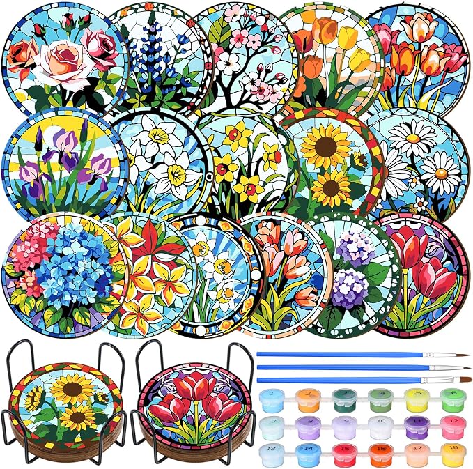 Reallnaive 16 Pcs Flower Paint by Numbers Kit for Adults Wood Floral Coaster
