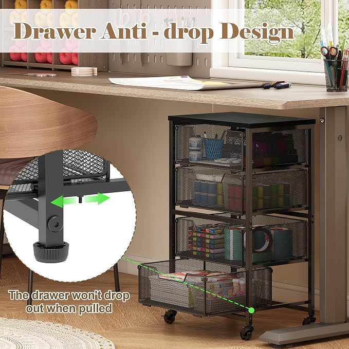 Rolling Cart with Drawers, 4-Drawer Storage Cart on Wheels with Wooden Top, Metal Utility Cart with Storage Drawers, Craft Storage Art Cart for Classroom, Office, Kitchen, Bedroom,Patent Pending
