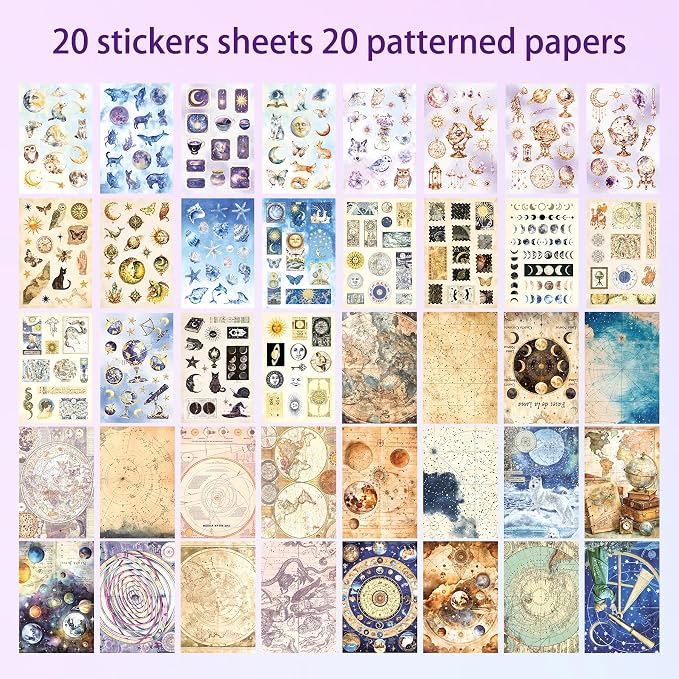 PRSTINCOL Vintage Astrology Sticker Book with Celestial Papers, 40 Pages