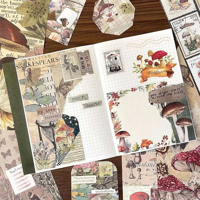BoomTeck Vintage Scrapbooking Kit – Aesthetic Junk Journal Supplies with Scrapbook Paper, Washi Stickers, A6 Grid Notebook, DIY Craft Journaling Gift Set for Teens & Adults (Mushroom Theme)