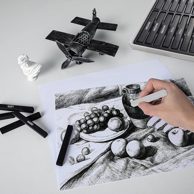 24 Pcs Compressed Charcoal Sticks with Soft, Medium, Hard and White Charcoal, Square Charcoal Stick Kit for Drawing, Sketching and Shading (12 Black and 12 White)