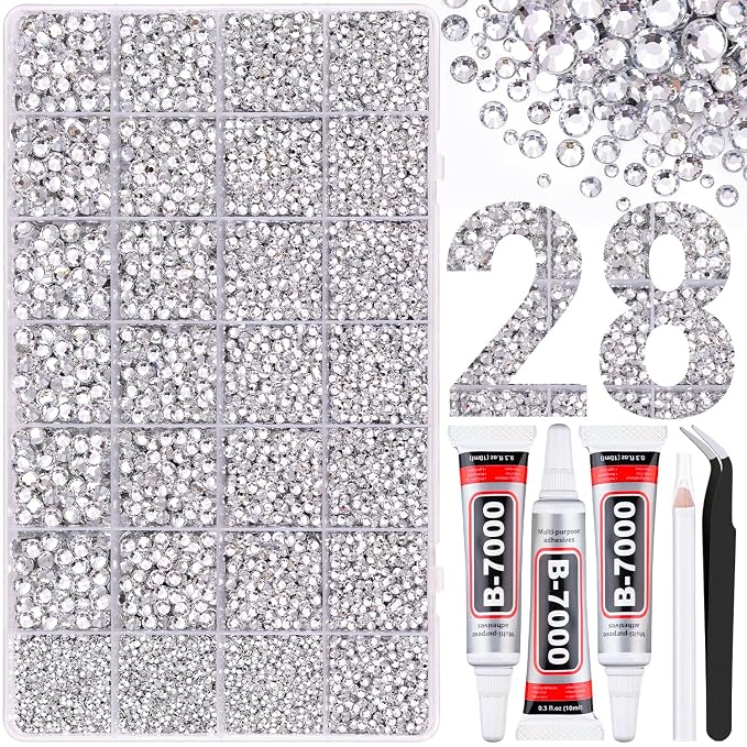 30000Pcs Resin Rhinestones for Bedazzling with Tweezers, Clear Rhinestones for Crafting with 3Pcs 10ml B7000 Jewelry Glue for DIY Crafts Clothing Tumblers Shoes Fabric Nail Art