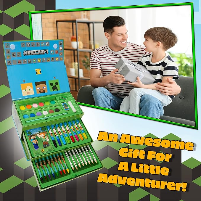 Minecraft Colored Pencils Art Supplies Set Crayons Watercolor Paints Colored Markers Coloring Drawing Kit Creeper Art Set Case Gamer Gifts for Boys (Pack of 3)