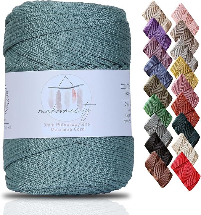 Makromecity, Premium Polyester Macrame Cord 3mm x 131 Yards (394 feet) 3mm Polypropylene Crepe Green Macrame Cord Crochet Macrame Bag Cord Crafts for Wall Hangings, Bags, Underplate, Rug