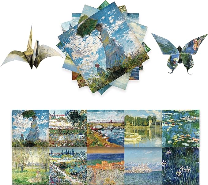 Origami Paper Kit 50 Sheets 6 Inch Square Double Sided Color 10 Vivid Colors for Hand Crafts Origami Paper Arts Creativity.Monet | 70GSM Colorful Paper,20 Different Pattern Origami Kit,DIY Hand Crafts,Arts Creativity,Easy to Fold,No-Fading.Monet