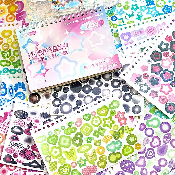 2500PCS Kpop Photocard Stickers Book - Glitter, Butterfly, Heart, Ribbons Deco Stickers for Kids, Girls, Boys