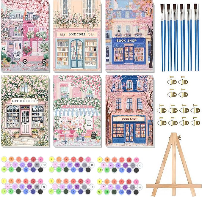 6 Pack Framed Book Store Paint by Number Kits for Adult with Easel (8x12in)
