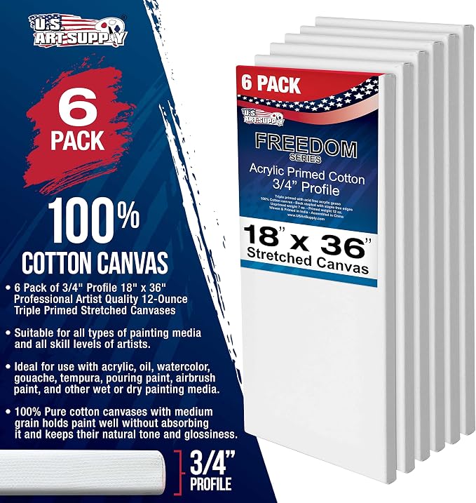 U.S. Art Supply 18"x36" Stretched Canvas for Painting, 3/4" Profile, 6-Pack