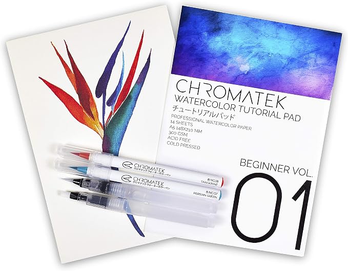 CHROMATEK 30 Watercolor Brush Pens | 15 Page Tutorial Pad & Online Video Series | Brush Tips | Vivid, Blendable Professional Artist Quality | 27 Colors | 3 Aquapens | Complete Water Color Painting Set