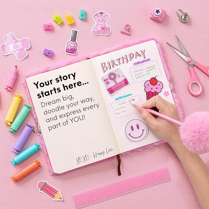 HAPPY LOLLI Pink LolliME DIY Journal Kit for Tween & Teen Girls Ages 8–14, Birthday Gift, 300+ Pieces Lockable Diary Set, Arts & Crafts, Scrapbook & Creative Journaling