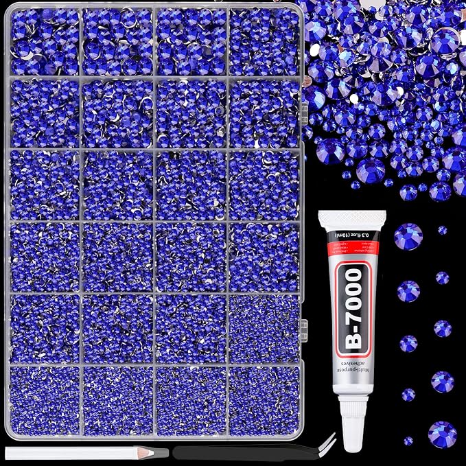 25000Pcs Resin Rhinestones for Crafting, Royal Blue 2-6mm Mixed Sizes Non Hotfix Flatback Gems with 1Pcs Glue, Bedazzling Crystal for DIY Craft Clothing Mugs Tumblers Shoes Fabric Decor Nail Art