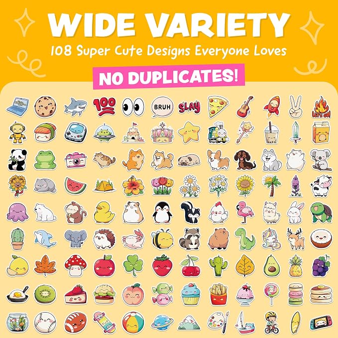 Cute Stickers for Kids Classroom Decor - 108pc Kawaii Water Bottle Stickers for Teens - Waterproof Vinyl Teacher Reward Stickers for Water Bottles - Back to School Supplies - Classroom Must Haves