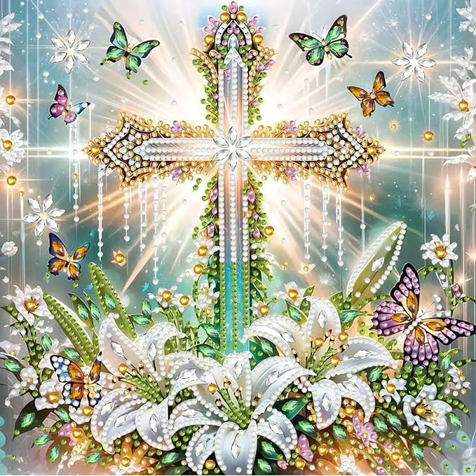 GEMOUJ Cross Flower Diamond Painting Kits for Adults,5D Cross Jesus Diamond Art Kits for Adults Beginners,DIY Special Shaped Diamonds Dot Art Paintings for Home Wall Decor 12 X 12 inch