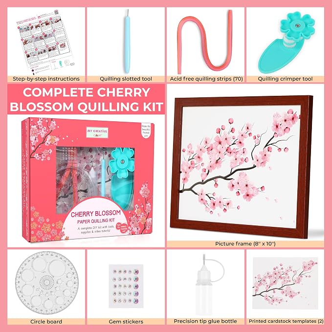 MY CREATIVE CAMP Paper Quilling Kit for Beginners – DIY Craft Kit for Kids, Teens & Adults with Tools, Instructions & Storage, Creative Art Projects & Wall Décor (Cherry Blossom Kit)