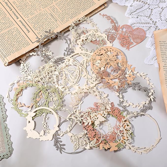40 Pcs Vintage Flower Scrapbook Paper Lace Cutouts, Decorative Artistic Butterfly Leaf Hollow Out Frame Embellishments Card Making Supplies for Junk Journal DIY Craft Album Planners Decorative Arts