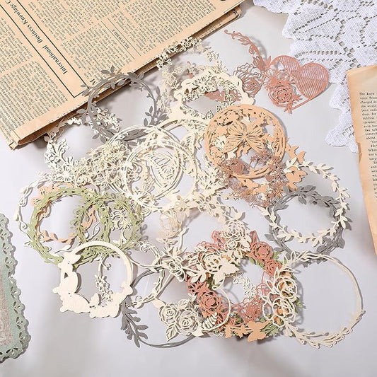40 Pcs Vintage Flower Scrapbook Paper Lace Cutouts, Decorative Artistic Butterfly Leaf Hollow Out Frame Embellishments Card Making Supplies for Junk Journal DIY Craft Album Planners Decorative Arts