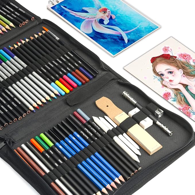 KALOUR 76 Drawing Sketching Kit Set - Pro Art Supplies with Sketchbook & Watercolor Paper - Include Tutorial,Pastel,Watercolor,Sketch,Colored,Metallic,Charcoal Pencils - for Artists Beginners Adults