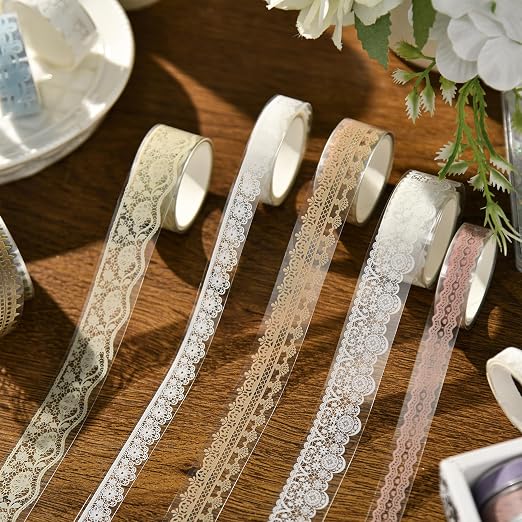 6 Rolls Lace Patterns PET Tapes Floral Arts Decorative Tape Set Adhesive Transparent Masking Tapes for DIY Craft, Kids, Scrapbook, DIY, Gift Wrapping, Journal (Tranquil Dew)
