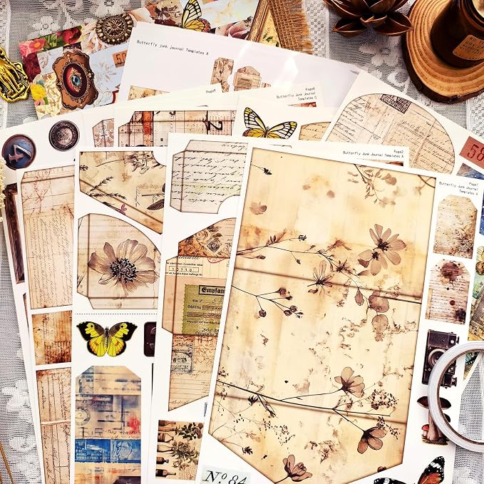 Vintage Junk Journal Kit with DIY Ephemera Storage and Accordion Pockets,11 Sheets Cardstock Pieces for Art Journaling, Scrapbooking and Mixed Media Crafts