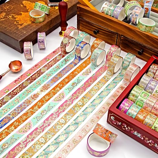 Washi Tape Set 24 Rolls Gold Foil Floral - Gift Box for Scrapbooking