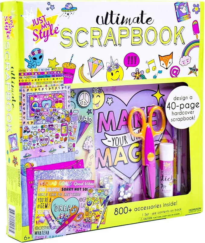 Just My Style Ultimate Scrapbook, Personalize and Decorate A 40-Page DIY Scrapbook, Great for Travel, Road Trips & On-The-Go, Memory Keeper Scrap Book for Kids & Tween Ages 6, 7, 8, 9,Beige