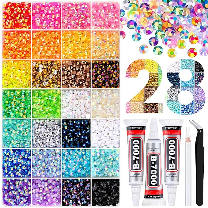 8500Pcs Resin Rhinestones with Tweezers for Crafting, Mixed-Color 5mm Bedazzling Crystal with 3Pcs 10ml B7000 Jewelry Glue for DIY Crafts Clothing Tumblers Shoes Fabric Nail Art