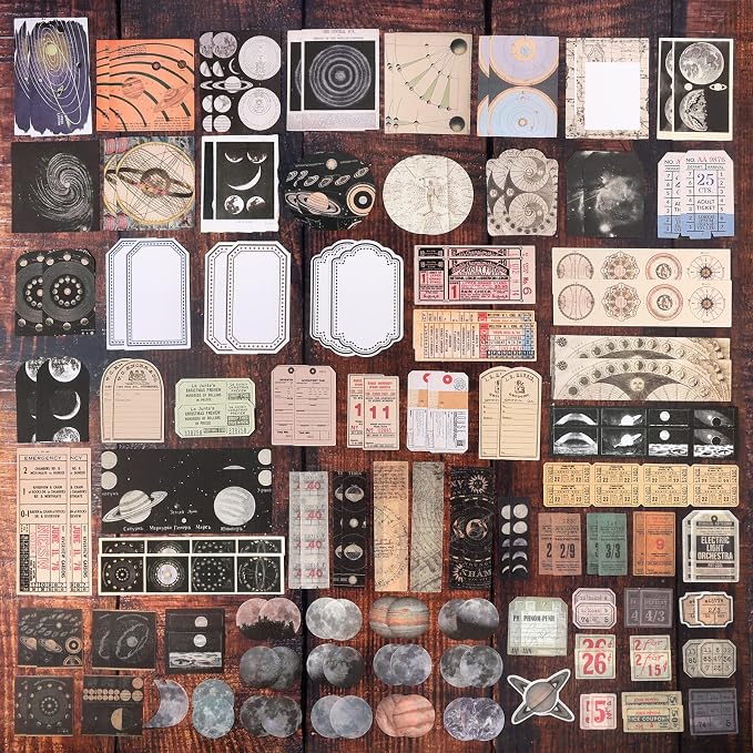 Draupnir 200pcs Vintage Junk Journal Supplies,Scrapbook Supplies Scrapbooking Paper and Stickers Ephemera For Art Aesthetic Journaling Kit Collage(Celestial)