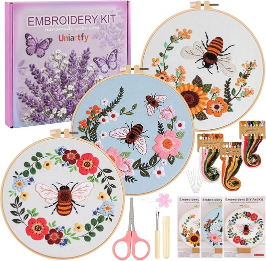 Uniartfy 3 Pack Bee Flower Embroidery Kits for Beginners, Cross Stitch Kit for Adults, DIY Needlepoint with Embroidery Hoop, Tools, Easy to Learn Video & Instructions, Hand Embroidery Starter Kit
