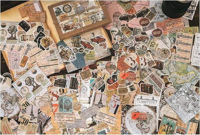 Knaid 200 Pieces Vintage Ephemera Pack Decoupage Paper Junk Journal Kit Scrapbook Planner Sticker Supplies for Art Journaling Bullet Journals Collage Notebooks Album Crafter Gifts (World Memory)