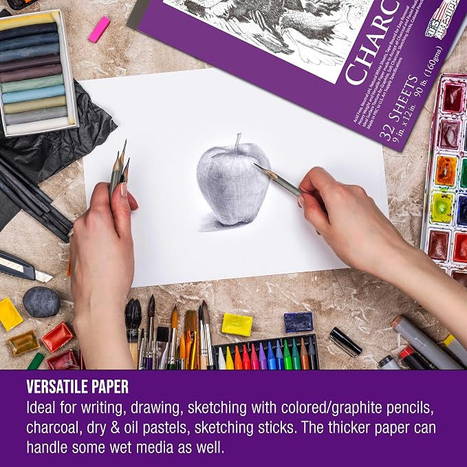 U.S. Art Supply 9" x 12" Premium Heavy-Weight Charcoal Sketchbook Pad | 90lb (160gsm), 2-Pack, 64 Sheets Total, Sketch Book Pad for Charcoal, Pencil & Pastel Drawing