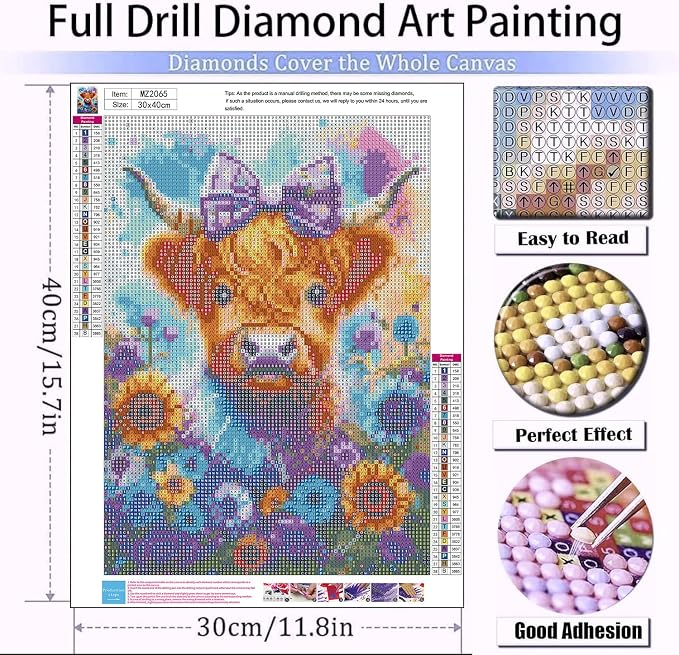 mrpwnle Cow Diamond Art Kits for Adults, Highland Cow Diamond Painting Kits | Highland Cow Diamond Art Painting Kits for Adults Beginner, DIY Round Full Gem Art Kit for Home Wall Decor Gifts 12x16 Inch