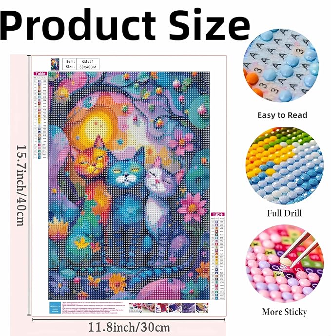 Diamond Art Kits for Adults,Colorful Cat and Flower Diamond Painting | 5D DIY Paint By Diamonds,Full Round Drill Diamond Dot Gem Art Painting Kits,for Home Wall Decor 11.8X15.8 Inch