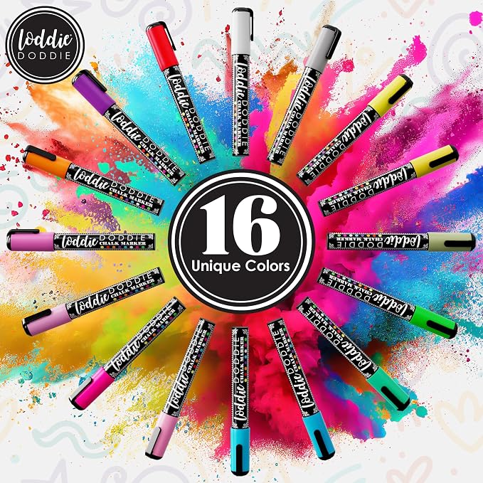 Loddie Doddie Chalk Markers, Chalkboard Markers, Reversible Tips, 16 Pack | Reversible Tips for Bold or Fine Lines, Wipes Clean on Glass, Pastel & Neon Colors for Blackboard Signs, Dry Erase Pen