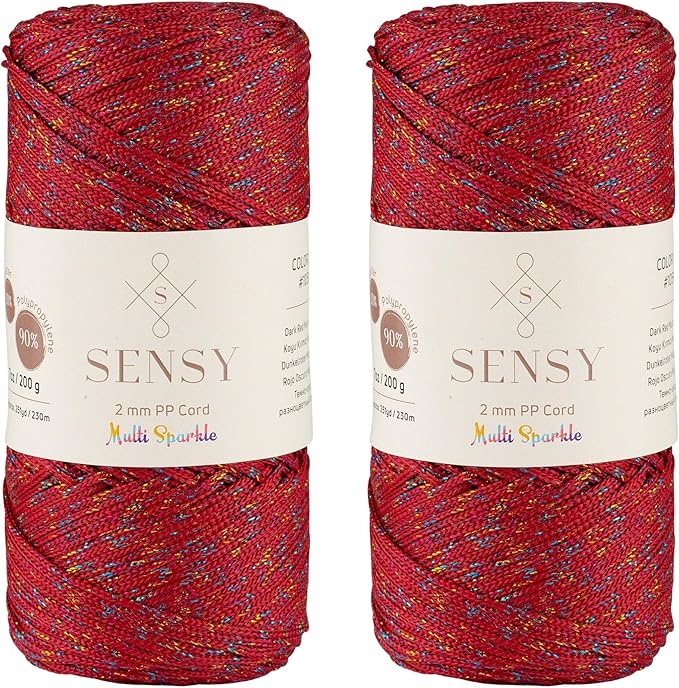 2 Pack of Sensy Premium 2mm 251 Yards Sparkle Polyester Rope 90% Polypropylene 10% Polyester Cord Macrame Cord 2mm Crochet Bag Cord Macrame Rope Crochet Thread for Knitter (Dark Red Multi Sparkle)