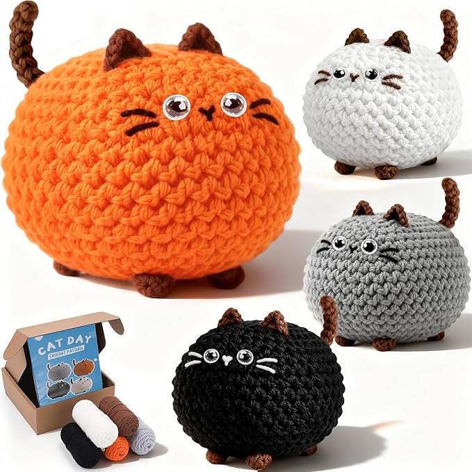 Joyclub Crochet Kit for Beginners 4 Cat Family with Video for Adults | Step-by-step video and 40% extra yarn support first projects for crochet starter; a amigurumi DIY gift for adult crafters