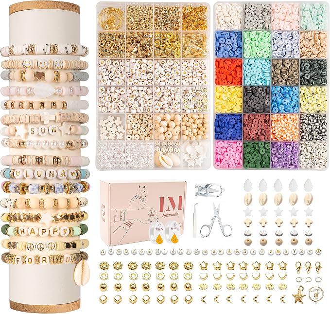 Lynnmos Clay Beads 8000 Pcs 2 Boxes Bracelet Making Kit - 24 Colors Polymer Clay Beads for Bracelet Making Set - Heishi Disc Beads for Jewelry Making kit with Charms and Gift Pack for Girls