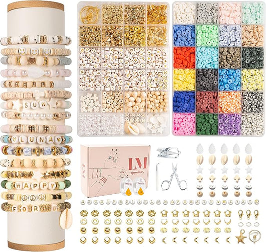 Lynnmos Clay Beads 8000 Pcs 2 Boxes Bracelet Making Kit - 24 Colors Polymer Clay Beads for Bracelet Making Set - Heishi Disc Beads for Jewelry Making kit with Charms and Gift Pack for Girls