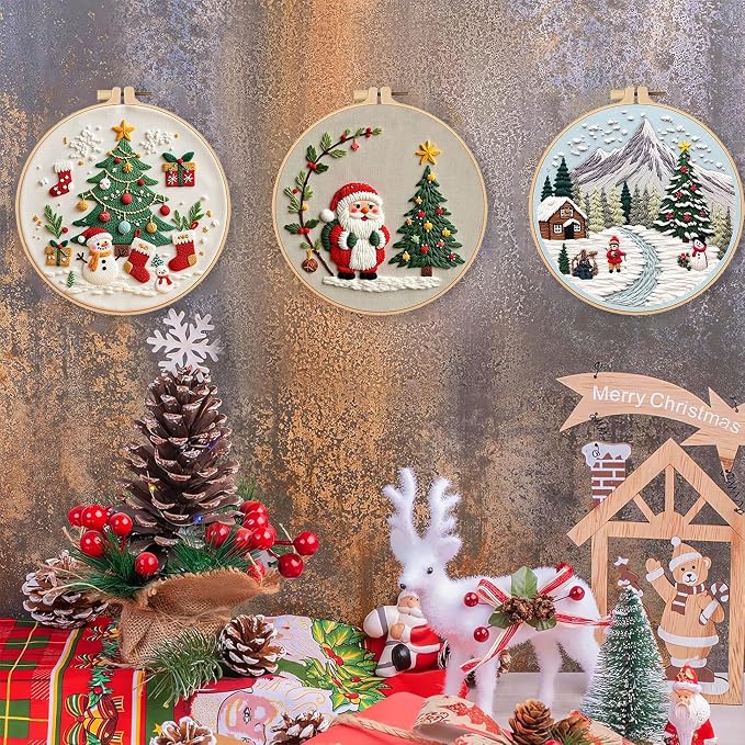 LB Red Christmas Embroidery Kit for Beginners Adults, 3 Sets Hand Embroidery Starter Kit with Santa Pattern and Instructions Stamped Cross Stitch Kits Include Embroidery Hoop Needles Threads Scissors