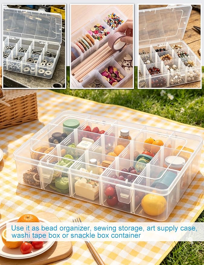 Hlotmeky Plastic Organizer Box with Dividers Bead Organizer 15 Large Grids Tackle box Organizer Clear Snackle Box Container
