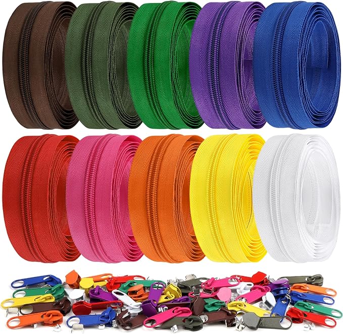 DOITEM 22.2 Yards Zippers 10 Pieces Assorted Colors #5 Nylon Coil Zipper, Sewing Zippers Endless Zips with 40 Pieces Zipper Sliders Zip Heads for DIY Sewing Tailor Craft Supplies