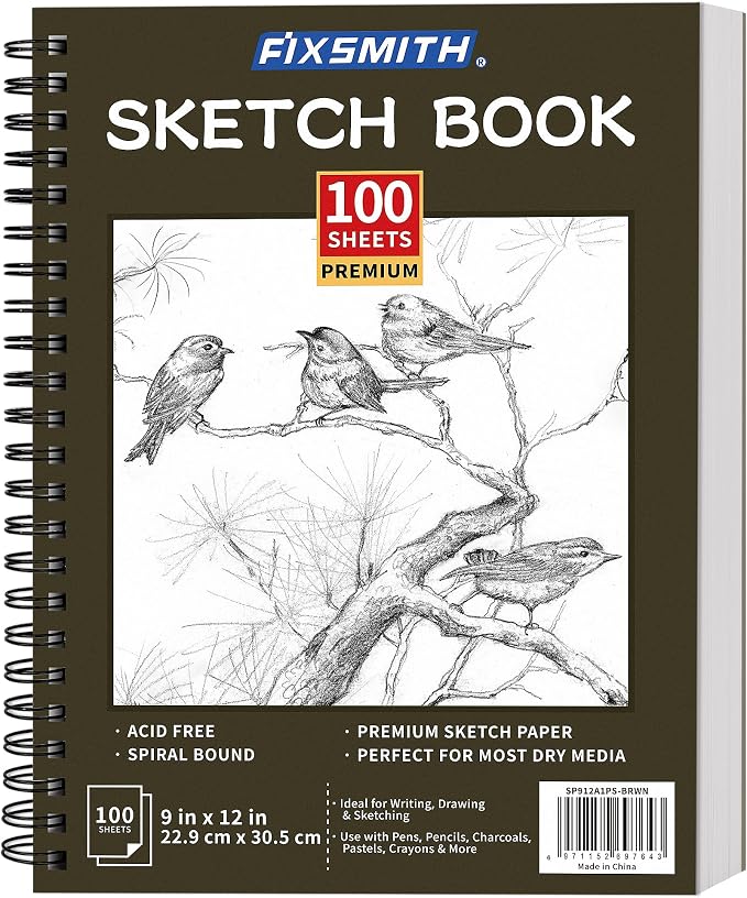 FIXSMITH 9"X12" Sketch Book, 100 Sheets, 68 lb/100gsm Sketchbook, Brown | Acid Free Drawing Paper | Spiral Bound Artist Sketch Pad | for Kids, Beginners, Artists & Professionals | Bright White