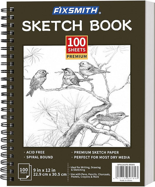 FIXSMITH 9"X12" Sketch Book, 100 Sheets, 68 lb/100gsm Sketchbook, Brown | Acid Free Drawing Paper | Spiral Bound Artist Sketch Pad | for Kids, Beginners, Artists & Professionals | Bright White