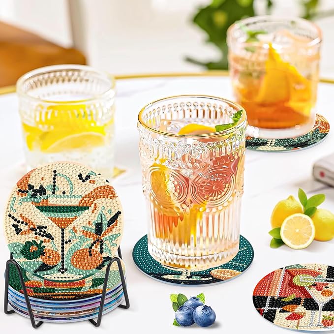 Ycydilirab 8 Pcs Cocktail Diamond Art Coasters with Holder,Cocktail Diamond Art Kits for Adults,Diamond Painting Coasters Kit for Gift