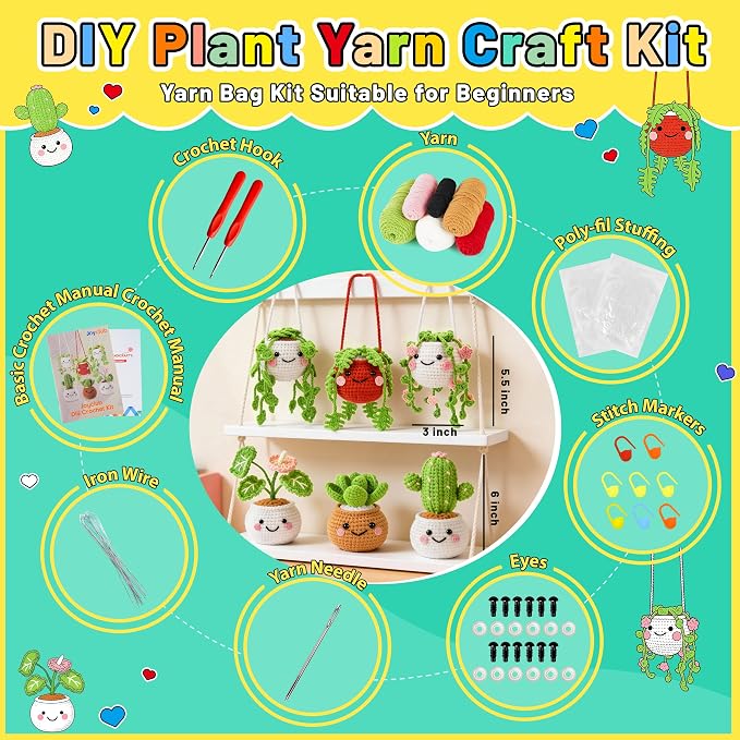 Joyclub Crochet Kit for Beginners 6 Fake Plants with Video for Adults | 6 Pcs fake hanging potted plants family with video guidance and supplies; decor-inspired projects for adult crochet learners