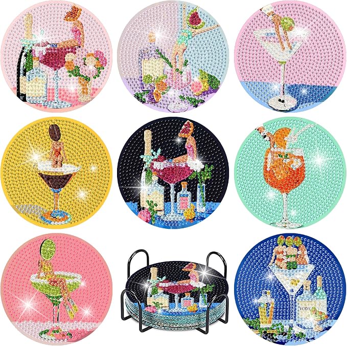 askkqtx 8 Pcs Cocktail Diamond Art Coasters Kits with Holder 4X4 Inch
