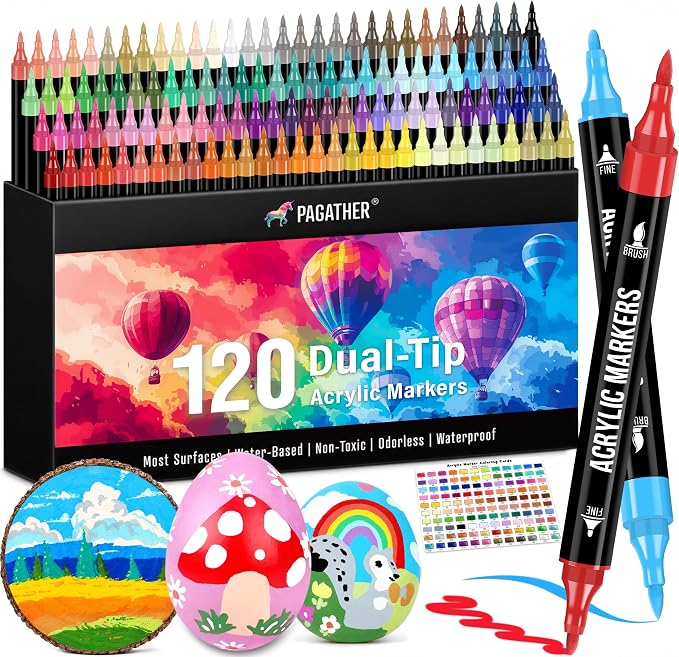 Pagather Acrylic Paint Markers, 120 Colors Dual Tip Fine & Brush Pens Set | For Rocks, Fabric, Wood, Glass & More, Perfect for DIY Crafts and Creative Art Projects with Bright, Smooth and Quick-Dry Ink